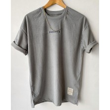 A&O Style Erkek Gri Bisiklet Yaka Nakışlı Oversize T-Shirt