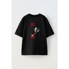 The Wert Unisex Acdc Metallica Gitar Kırmızı Tasarım Baskılı Pamuk Sıyah Oversize T-Shirt