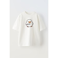 Unisex Bıcaklı Civciv Tasarım Baskılı Pamuk Beyaz Oversize T-Shirt