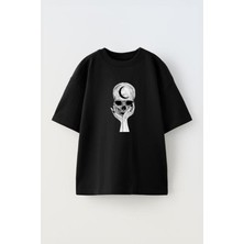 Unisex Dark Art Skeleton Tasarım Baskılı Pamuk Sıyah Oversize T-Shirt
