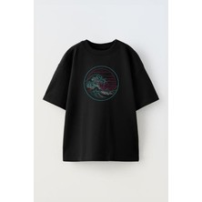 The Wert Unisex Jopon Dalga Tasarım Baskılı Pamuk Sıyah Oversize T-Shirt
