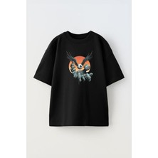 The Wert Unisex Kanatlı Göz Tasarım Baskılı Pamuk Sıyah Oversize T-Shirt