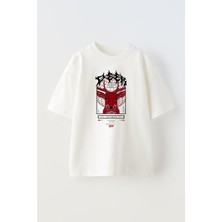 Unisex Şeytan Geyik Tasarım Baskılı Pamuk Beyaz Oversize T-Shirt