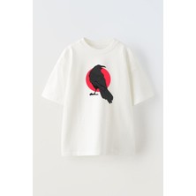 The Wert Unisex Kırmızı Daire Karga Tasarım Baskılı Pamuk Beyaz Oversize T-Shirt