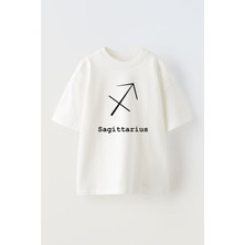 Unisex Yay Burcu Tasarım Baskılı Pamuk Beyaz Oversize T-Shirt