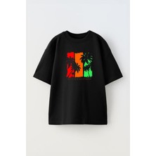 Unisex Beach Life Tasarım Baskılı Pamuk Sıyah Oversize T-Shirt