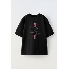 The Wert Unisex Samuray Japon J Katana Tasarım Baskılı Pamuk Sıyah Oversize T-Shirt