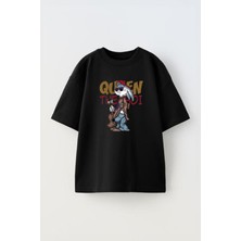 Unisex Quen The Bunny Tasarım Baskılı Pamuk Sıyah Oversize T-Shirt