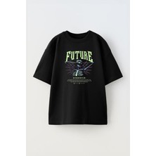 The Wert Unisex Future Skeleton Tasarım Baskılı Pamuk Sıyah Oversize T-Shirt