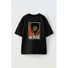Unisex Attack On Titan Tasarım Baskılı Pamuk Sıyah Oversize T-Shirt
