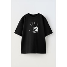 The Wert Unisex Kopek ve Insan Izi Tasarım Baskılı Pamuk Sıyah Oversize T-Shirt
