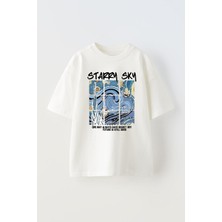 The Wert Unisex Starry Sky Tasarım Baskılı Pamuk Beyaz Oversize T-Shirt
