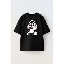 The Wert Unisex Rock Journal Tasarım Baskılı Pamuk Sıyah Oversize T-Shirt
