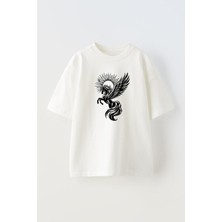 The Wert Unisex Kanatlı At Güneş Çizim Tasarım Baskılı Pamuk Beyaz Oversize T-Shirt