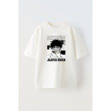 Unisex Yuta Okkotsu Tasarım Baskılı Pamuk Beyaz Oversize T-Shirt