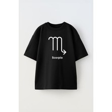 The Wert Unisex Akrep Burcu Tasarım Baskılı Pamuk Sıyah Oversize T-Shirt