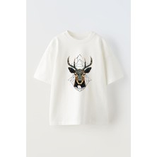 Unisex Geyik Tasarım Baskılı Pamuk Beyaz Oversize T-Shirt