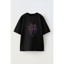 The Wert Unisex Feel Free Tasarım Baskılı Pamuk Sıyah Oversize T-Shirt