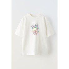 Unisex Color’s Hearts Tasarım Baskılı Pamuk Beyaz Oversize T-Shirt