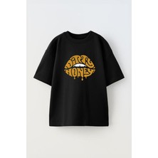The Wert Unisex Dirty Honey Tasarım Baskılı Pamuk Sıyah Oversize T-Shirt