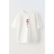 The Wert Unisex Red Dragon Cizimi Tasarım Baskılı Pamuk Beyaz Oversize T-Shirt