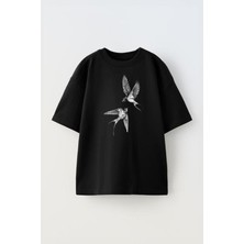 The Wert Unisex Kuşlar Tasarım Baskılı Pamuk Sıyah Oversize T-Shirt