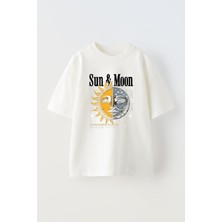 The Wert Unisex Sun And Moon Human Face Tasarım Baskılı Pamuk Beyaz Oversize T-Shirt