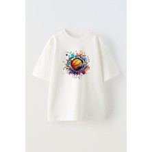 Unisex Renklı Basketbol Topu Tasarım Baskılı Pamuk Beyaz Oversize T-Shirt
