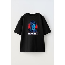 The Wert Unisex Rocky Tasarım Baskılı Pamuk Sıyah Oversize T-Shirt