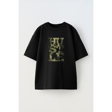 The Wert Unisex Hustle Tasarım Baskılı Pamuk Sıyah Oversize T-Shirt
