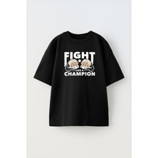 The Wert Unisex Muay Thai Boxing Fists Tasarım Baskılı Pamuk Sıyah Oversize T-Shirt