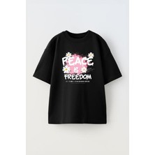 Unisex Peace Is Freedom Tasarım Baskılı Pamuk Sıyah Oversize T-Shirt