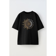 The Wert Unisex Son And Moon Tasarım Baskılı Pamuk Sıyah Oversize T-Shirt