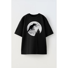 The Wert Unisex Bike Trex Moon Tasarım Baskılı Pamuk Sıyah Oversize T-Shirt