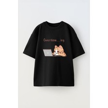 Unisex Giver Time Cat Tasarım Baskılı Pamuk Beyaz Oversize T-Shirt