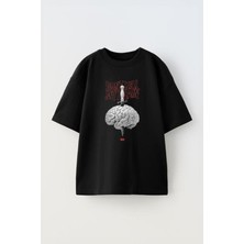 The Wert Unisex Brain Tasarım Baskılı Pamuk Sıyah Oversize T-Shirt
