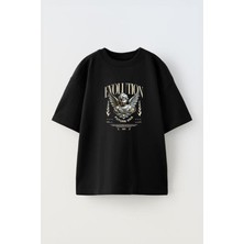 Unisex Evolutıon Tasarım Baskılı Pamuk Sıyah Oversize T-Shirt