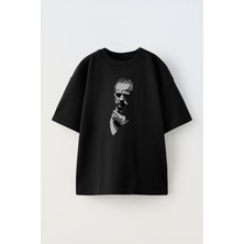 The Wert Unisex The Godfather Gri Cizim Tasarım Baskılı Pamuk Sıyah Oversize T-Shirt