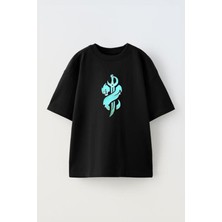 Unisex Mavi Ejderha Kılıç Tasarım Baskılı Pamuk Sıyah Oversize T-Shirt