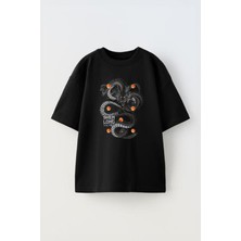 The Wert Unisex Shen Long Ejderha Tasarım Baskılı Pamuk Sıyah Oversize T-Shirt