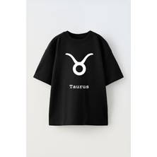 Unisex Boga Burcu Tasarım Baskılı Pamuk Sıyah Oversize T-Shirt