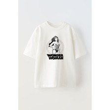 Unisex Wonder Women Tasarım Baskılı Pamuk Beyaz Oversize T-Shirt