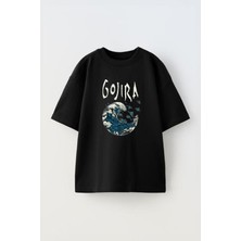 Unisex Gojira Tasarım Baskılı Pamuk Sıyah Oversize T-Shirt