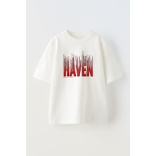 Unisex Haven Red Tasarım Baskılı Pamuk Beyaz Oversize T-Shirt