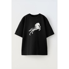 The Wert Unisex Koşan At Tasarım Baskılı Pamuk Sıyah Oversize T-Shirt