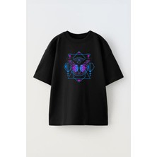 The Wert Unisex Mor ve Mavi Kelebek Tasarım Baskılı Pamuk Sıyah Oversize T-Shirt