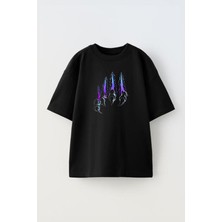 The Wert Unisex Mor ve Mavi Pence Tasarım Baskılı Pamuk Sıyah Oversize T-Shirt