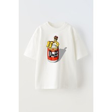 Unisex Simson Duff Fıçı Tasarım Baskılı Pamuk Beyaz Oversize T-Shirt