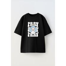 Unisex Pray Cute Angel Tasarım Baskılı Pamuk Sıyah Oversize T-Shirt
