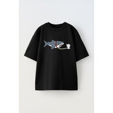 Unisex Tasmalı Kopekbalıgı Tasarım Baskılı Pamuk Sıyah Oversize T-Shirt